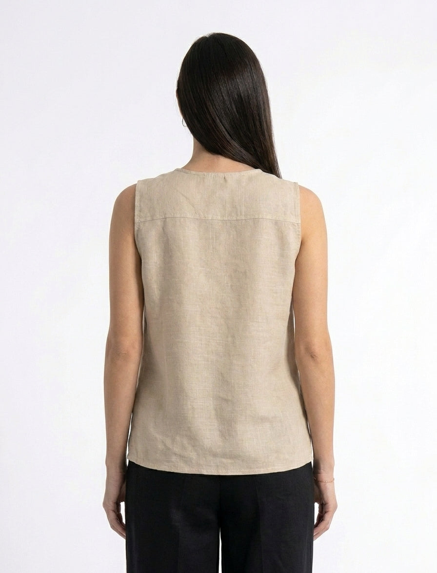 Beige Minimal V- Neck Sleeveless Top