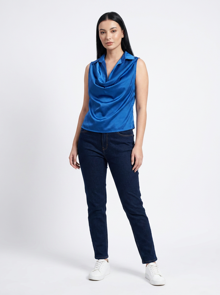 Blue Cowl Neck Sleeveless Top