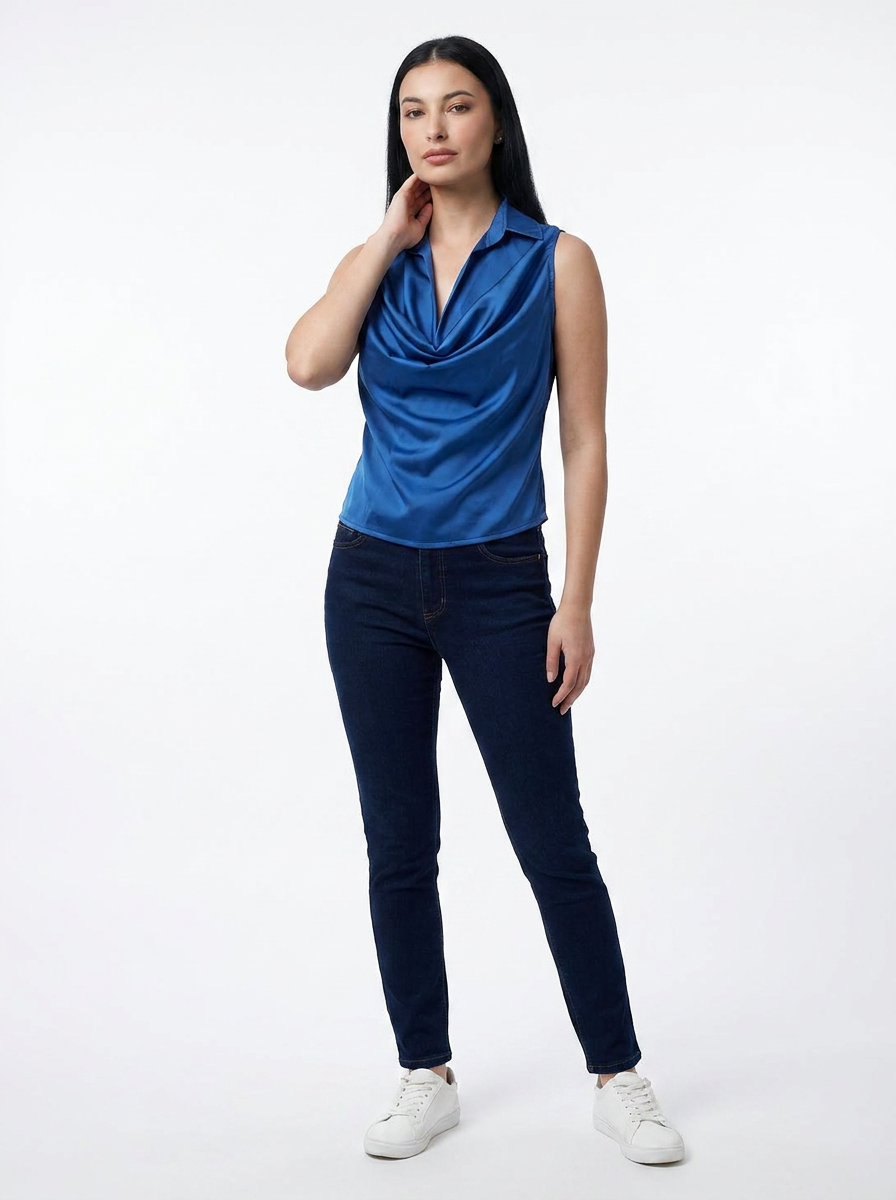 Blue Cowl Neck Sleeveless Top