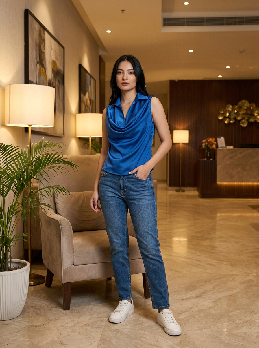 Blue Cowl Neck Sleeveless Top