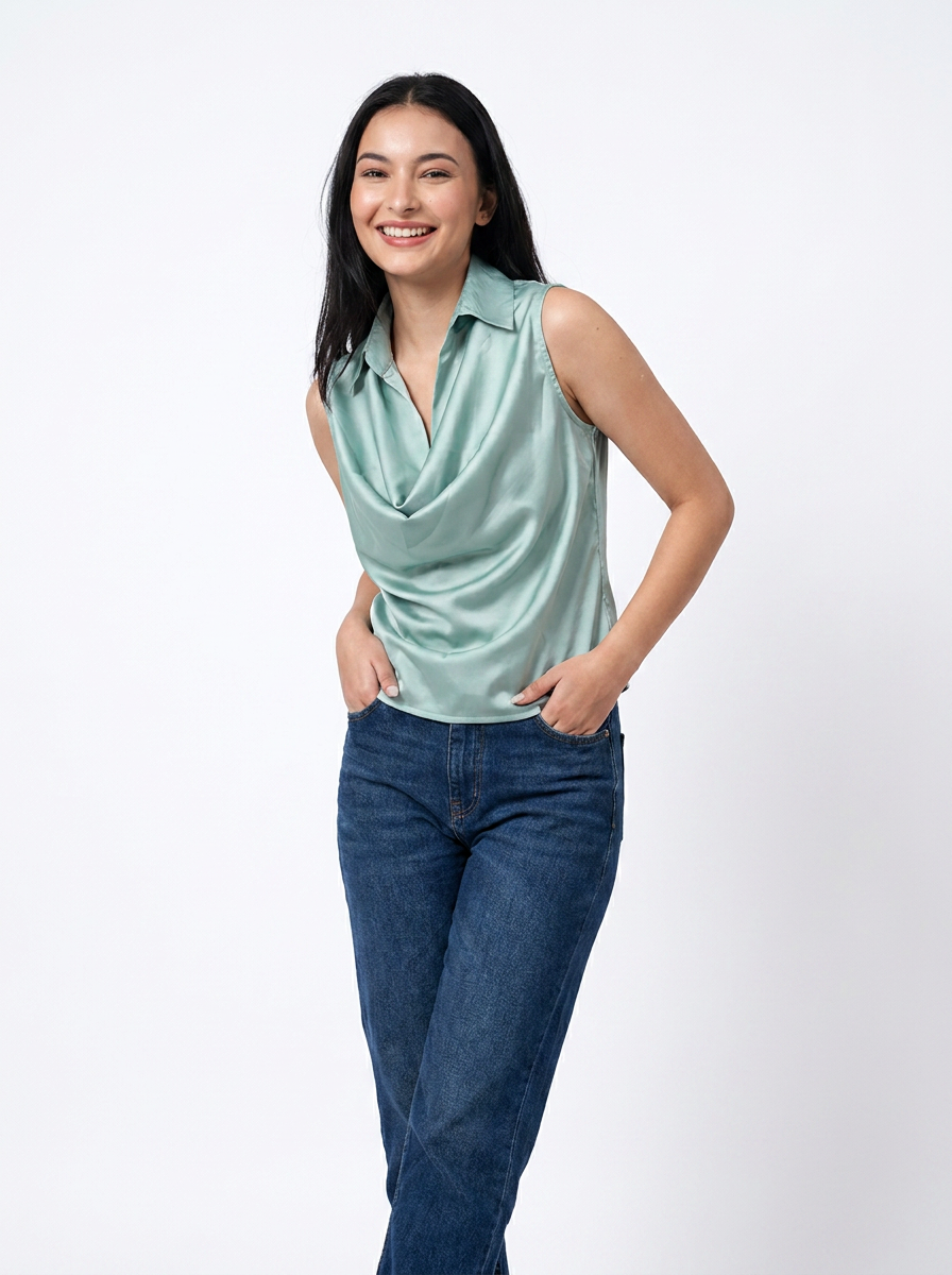 Sage Green Cowl Neck Sleeveless Top - The Woven Saga