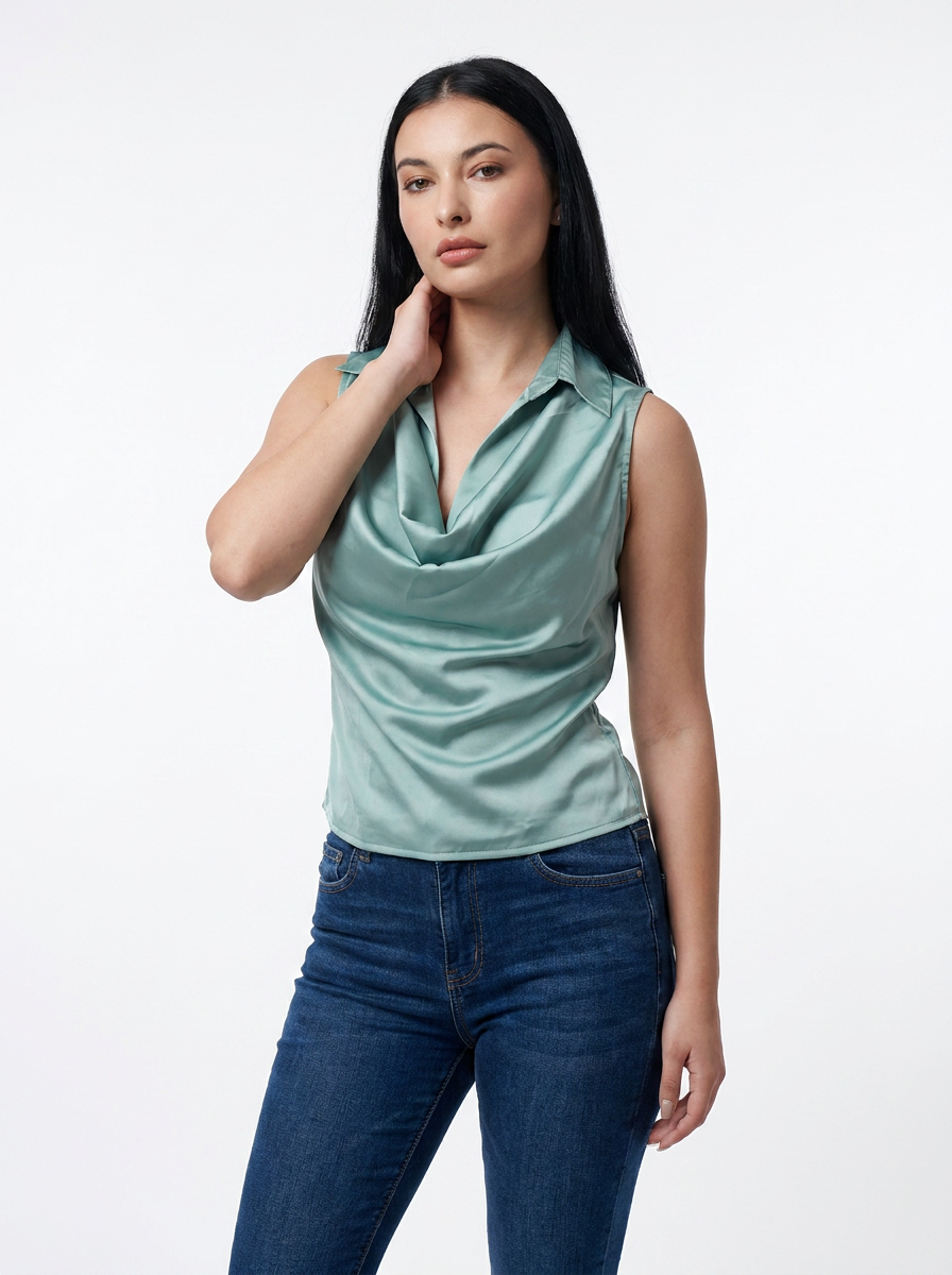 Sage Green Cowl Neck Sleeveless Top - The Woven Saga