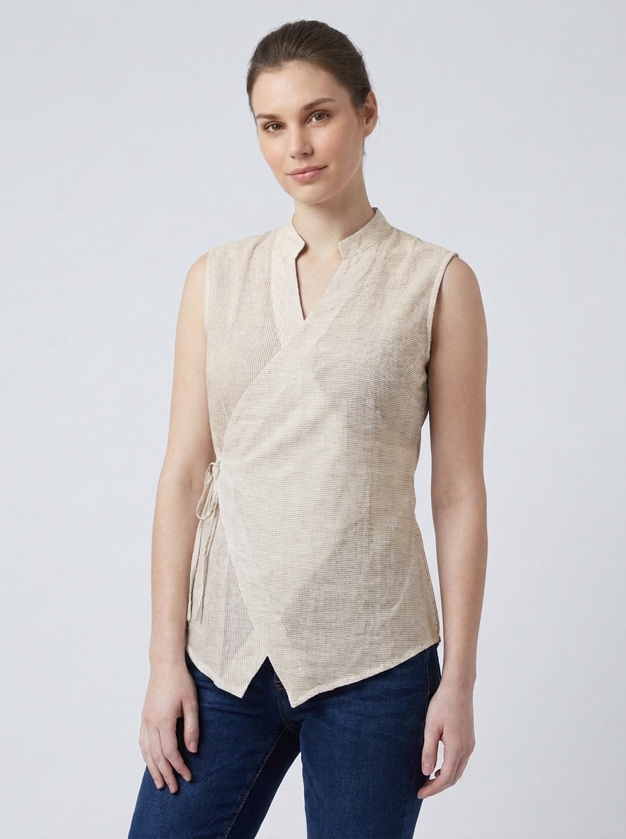 Beige Stripe Wrap Tie Sleeveless Top
