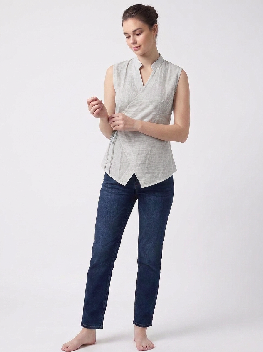 Beige Stripe Wrap Tie Sleeveless Top