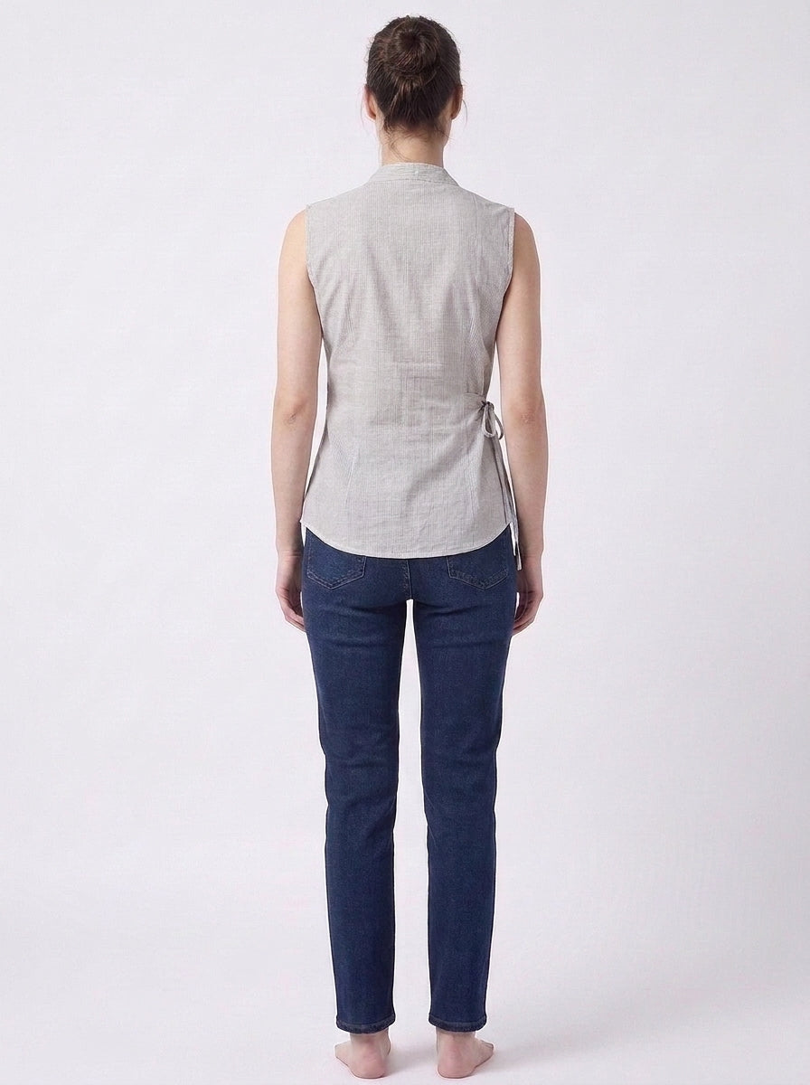 Beige Stripe Wrap Tie Sleeveless Top