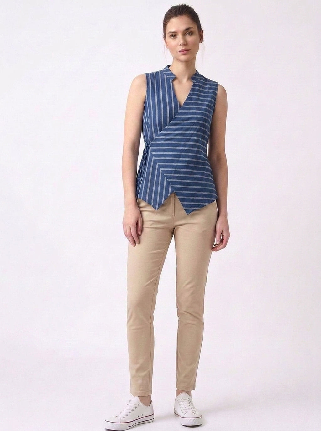 Navy Stripe Wrap Tie Sleeveless Top
