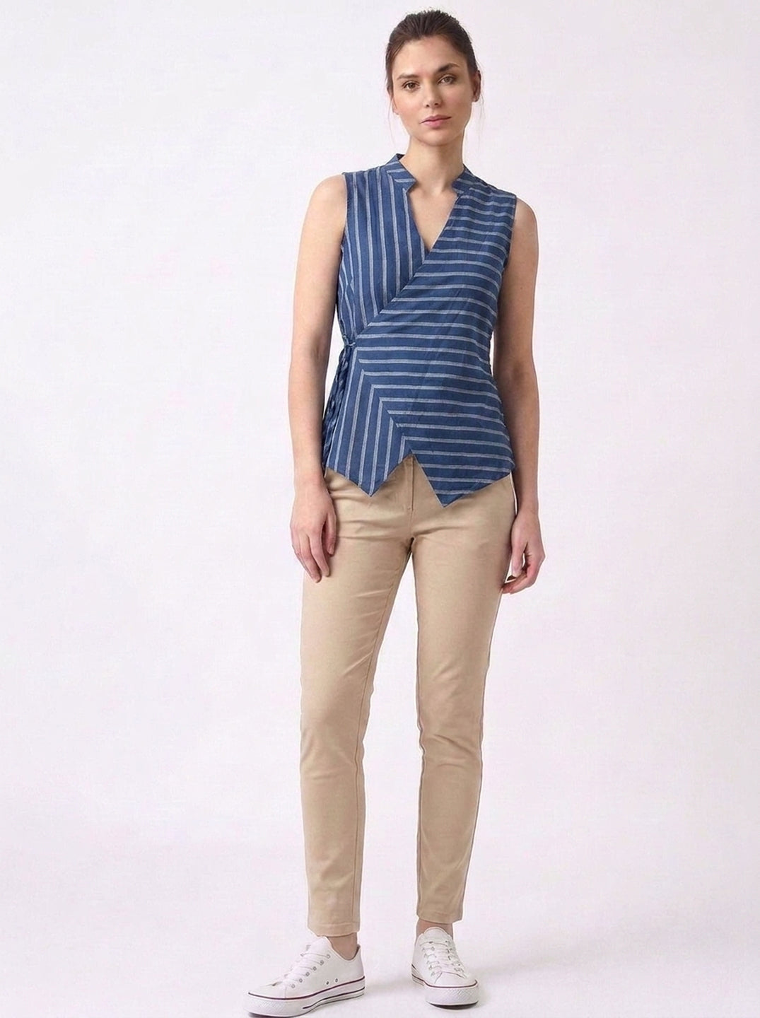 Navy Stripe Wrap Tie Sleeveless Top