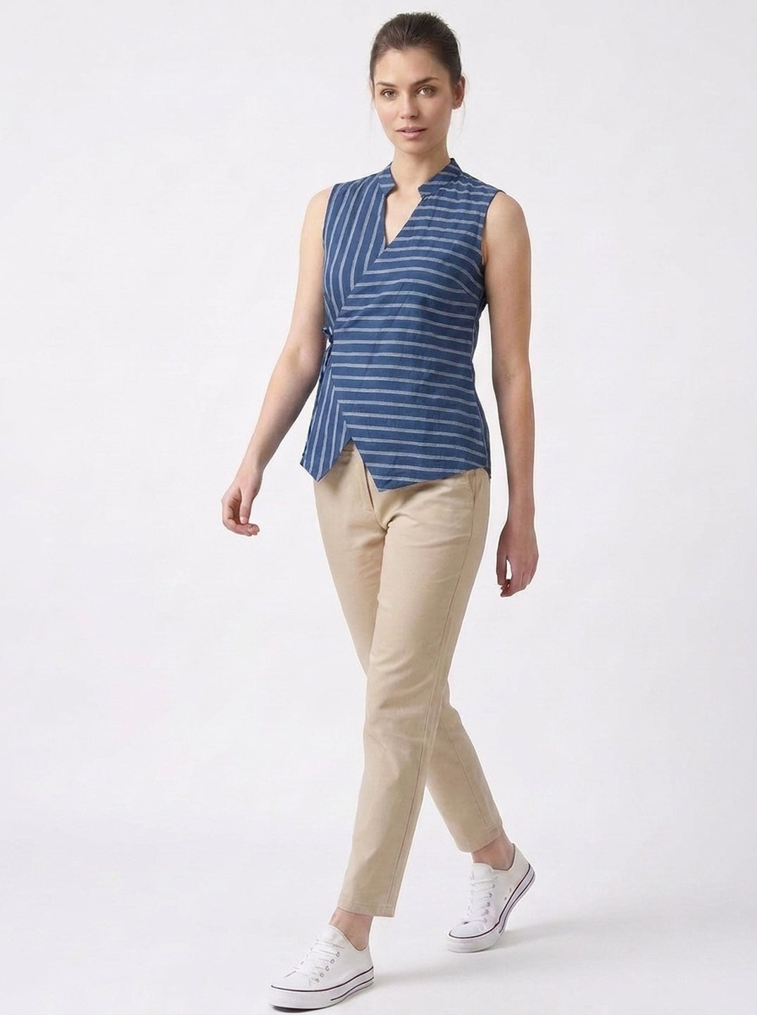 Navy Stripe Wrap Tie Sleeveless Top