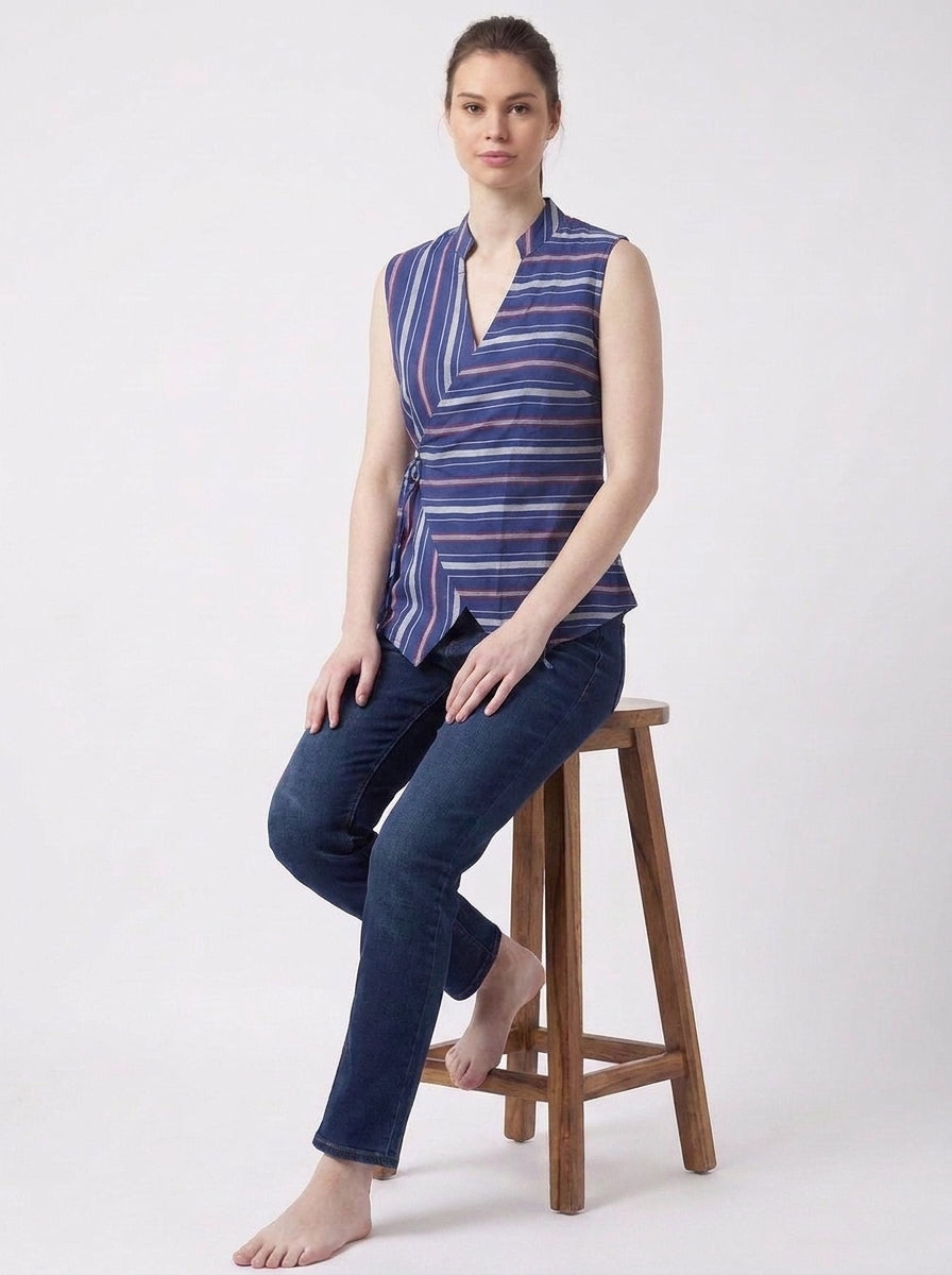 Blue Multi Stripe Wrap Tie Sleeveless Top