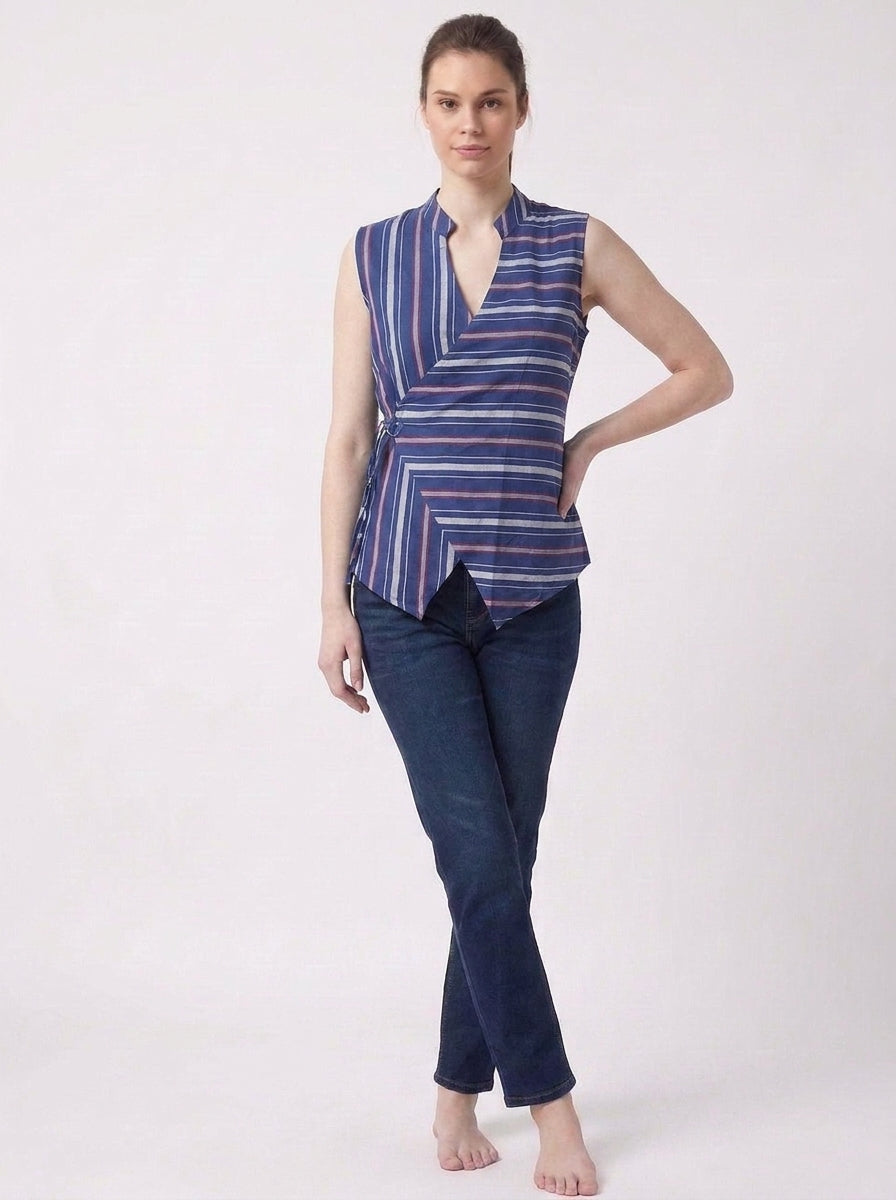 Blue Multi Stripe Wrap Tie Sleeveless Top
