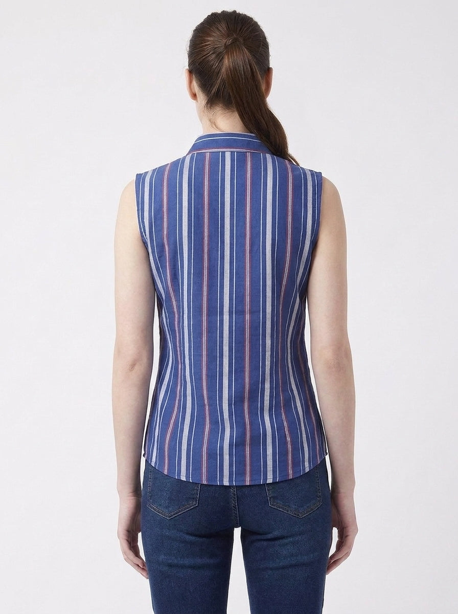 Blue Multi Stripe Wrap Tie Sleeveless Top