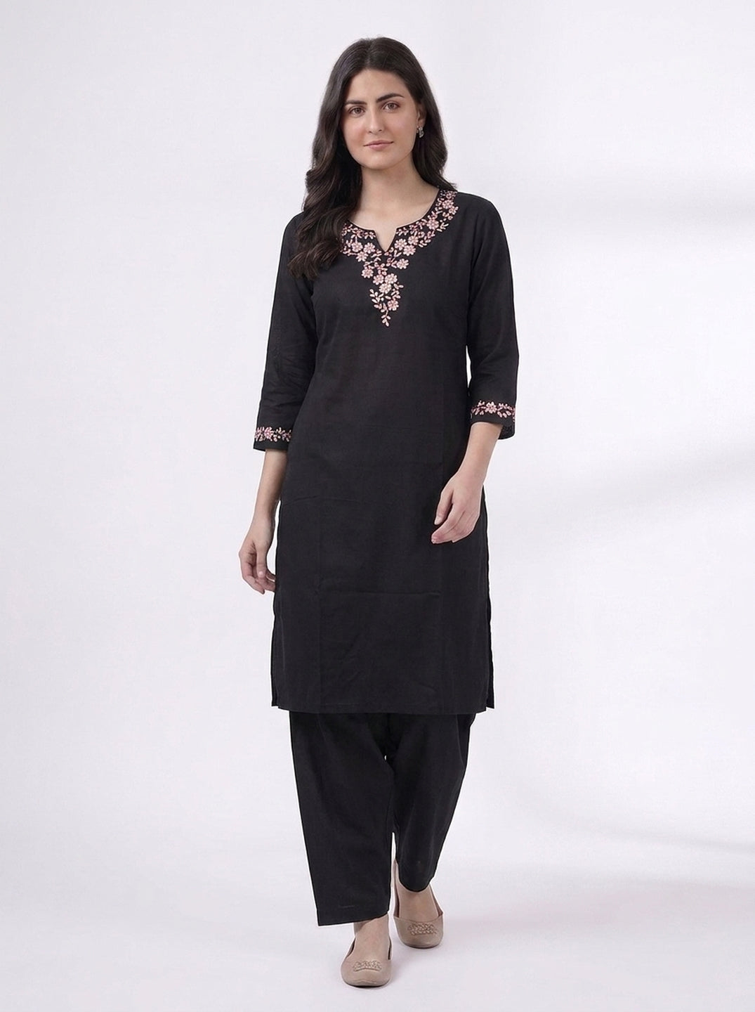 Black Floral Embroidered V-Neck Kurta Co-ord Set