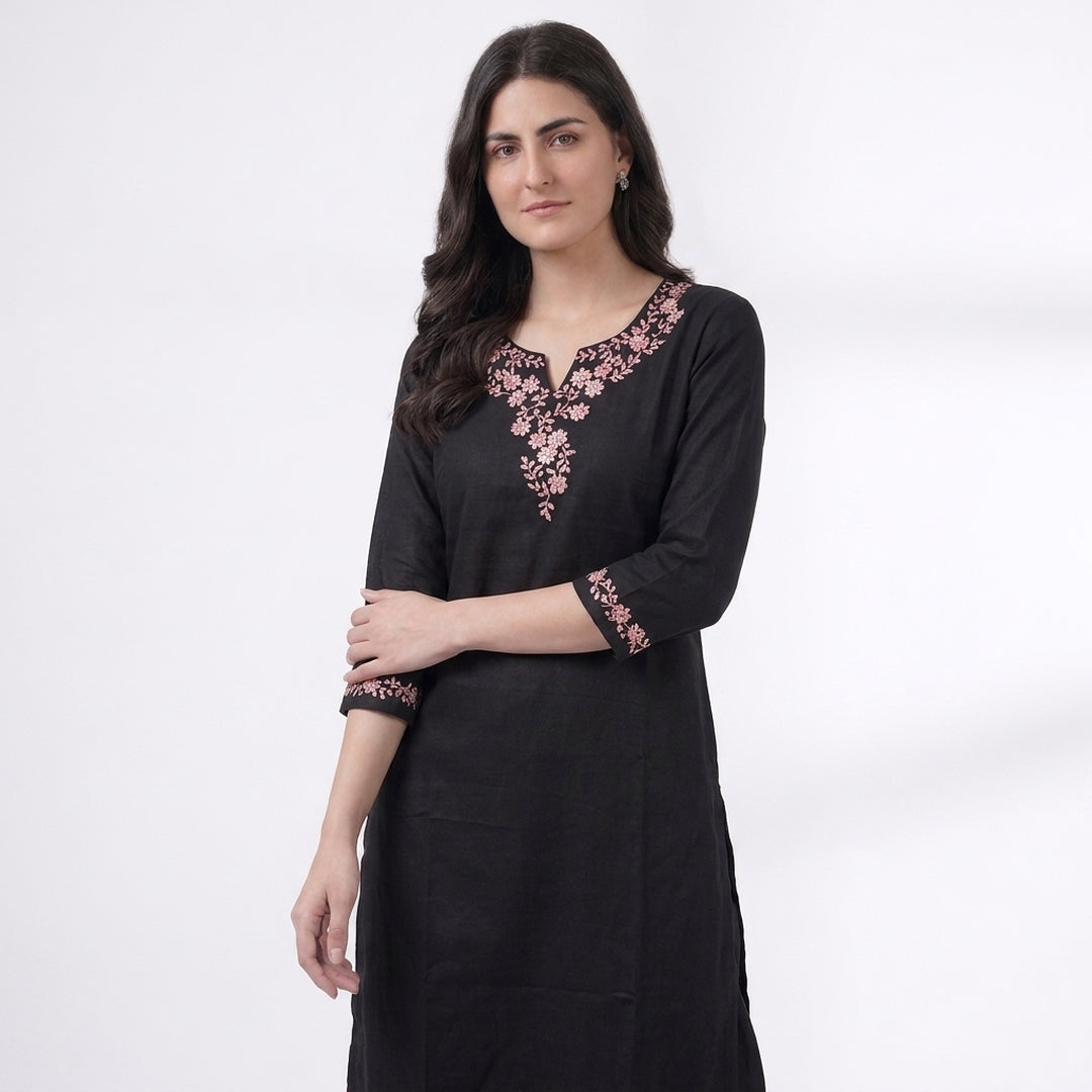 Black Floral Embroidered V-Neck Kurta Co-ord Set