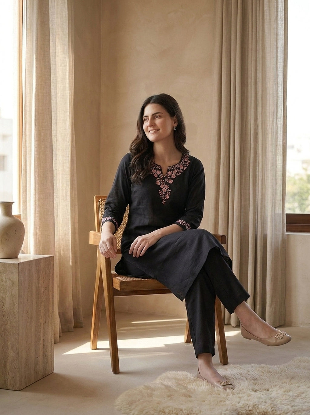 Black Floral Embroidered V-Neck Kurta Co-ord Set