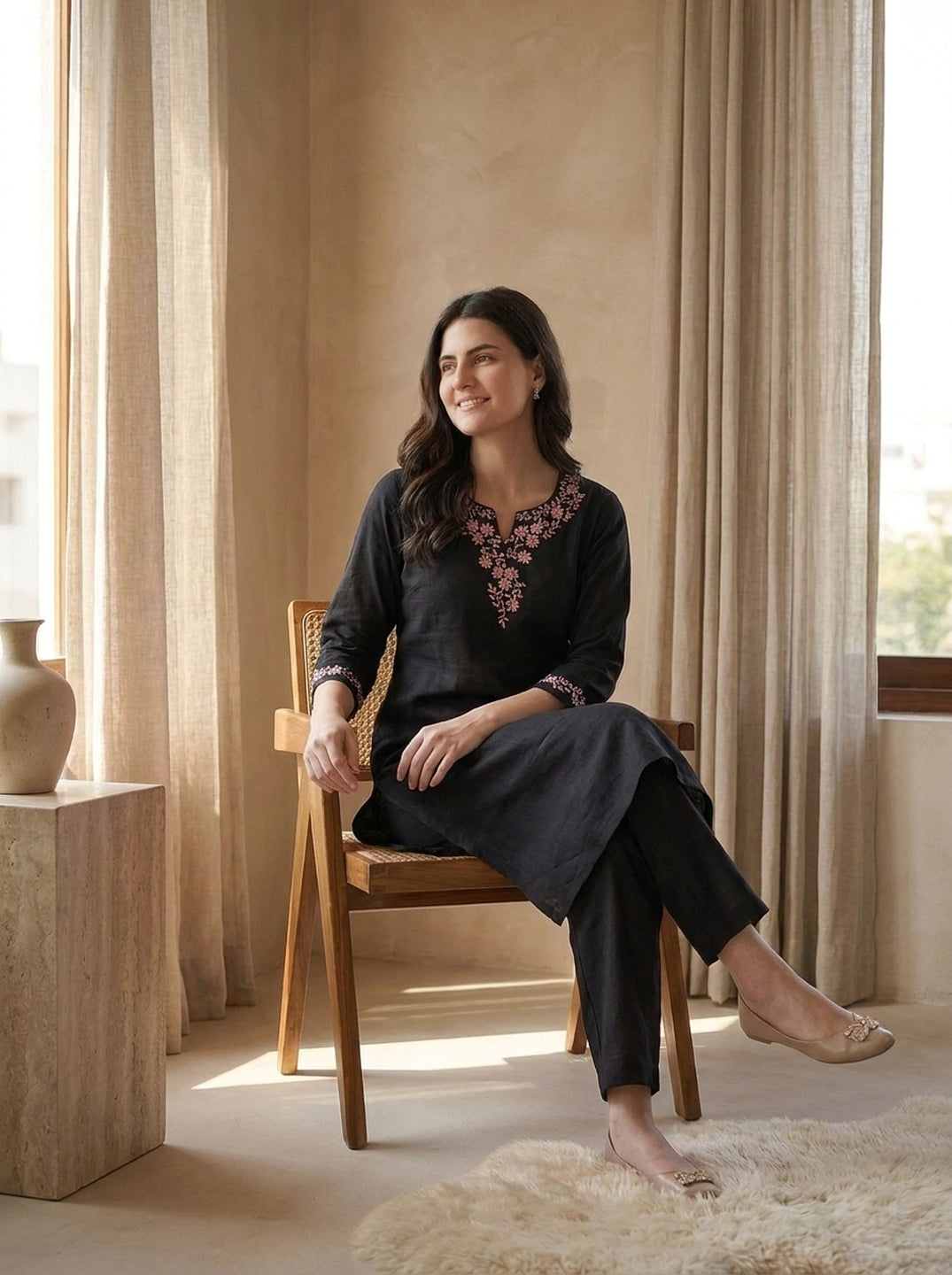 Black Floral Embroidered V-Neck Kurta Co-ord Set