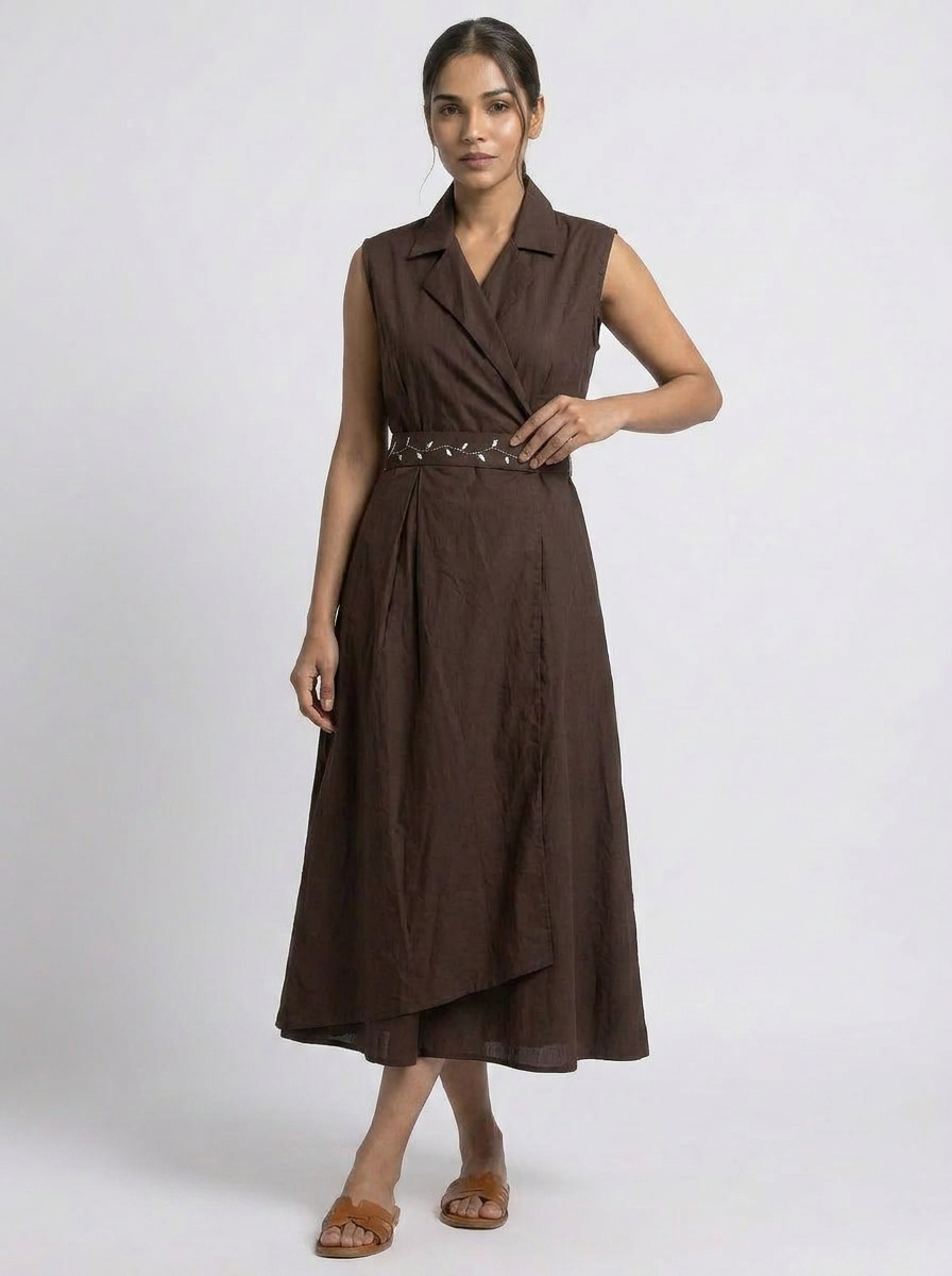 Brown Overlap Waist Midi Dress with Belt Detail - The Woven Saga