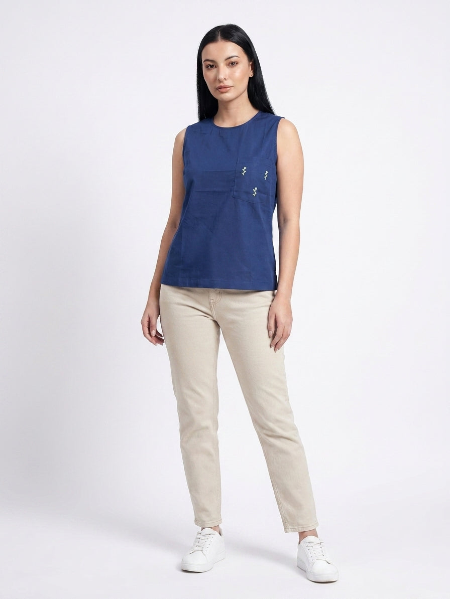 Midnight blue embroidered pocket Sleeveless Cotton Top - The Woven Saga
