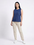 Midnight blue embroidered pocket Sleeveless Cotton Top.