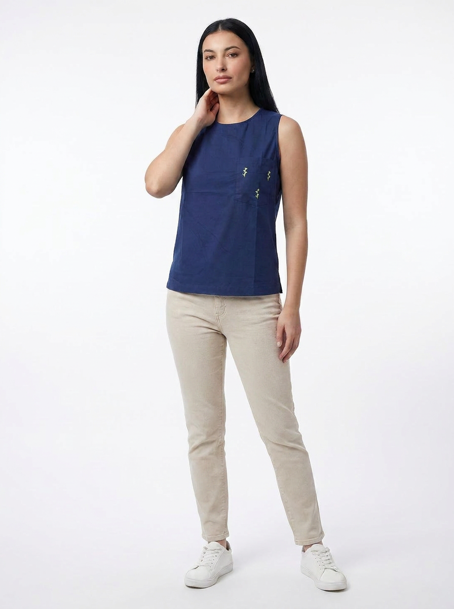 Midnight blue embroidered pocket Sleeveless Cotton Top - The Woven Saga
