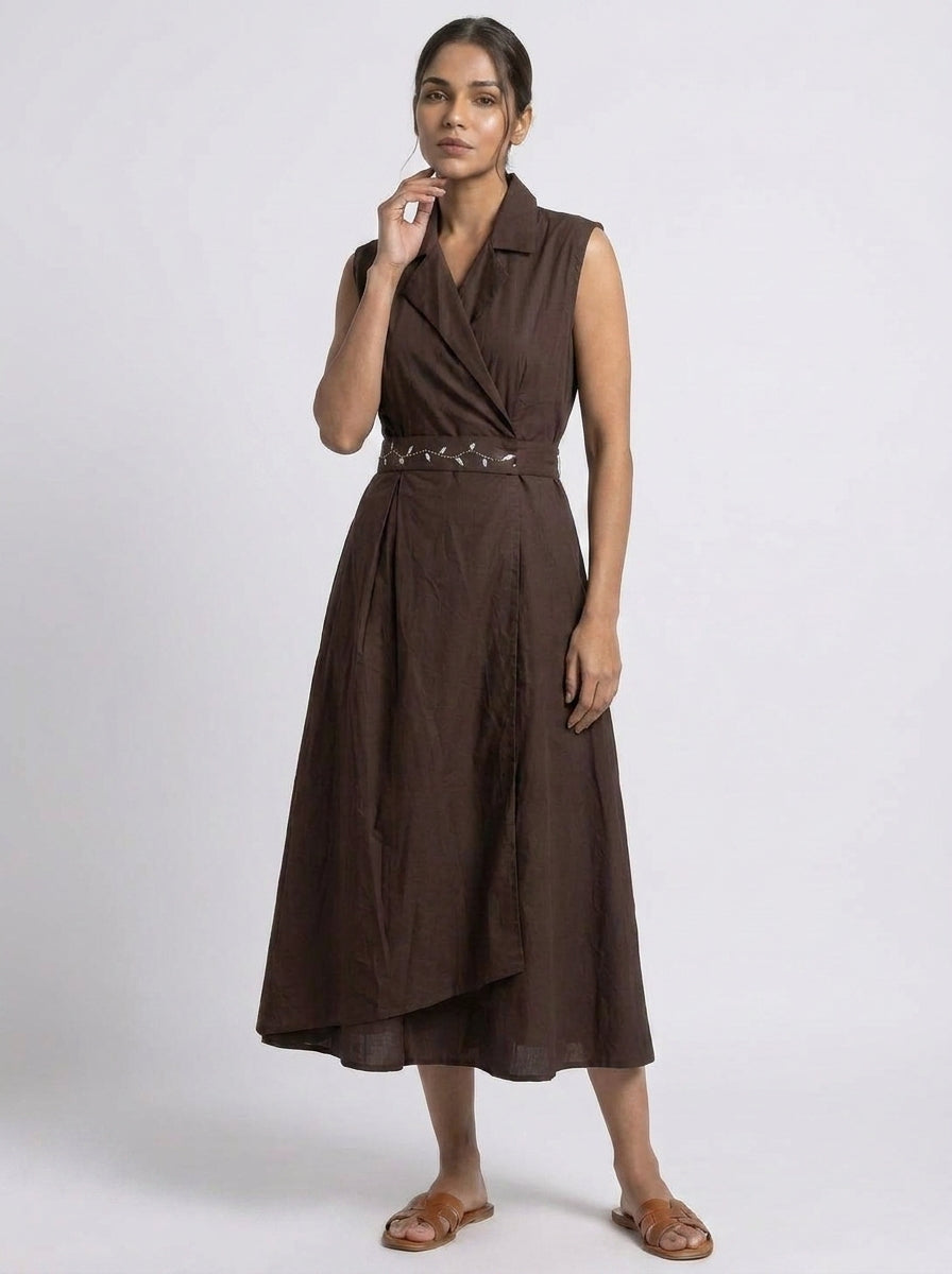 Brown Overlap Waist Midi Dress with Belt Detail - The Woven Saga