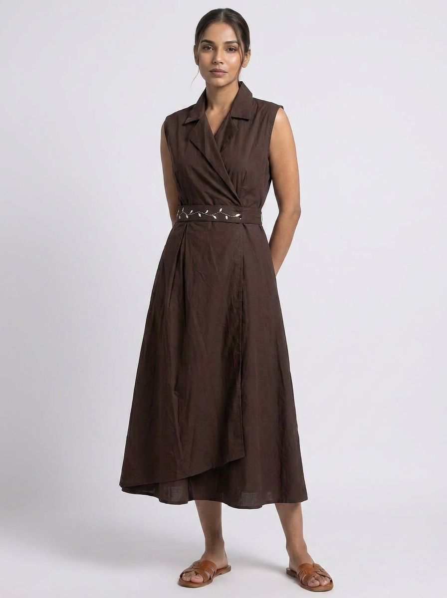 Brown Overlap Waist Midi Dress with Belt Detail - The Woven Saga