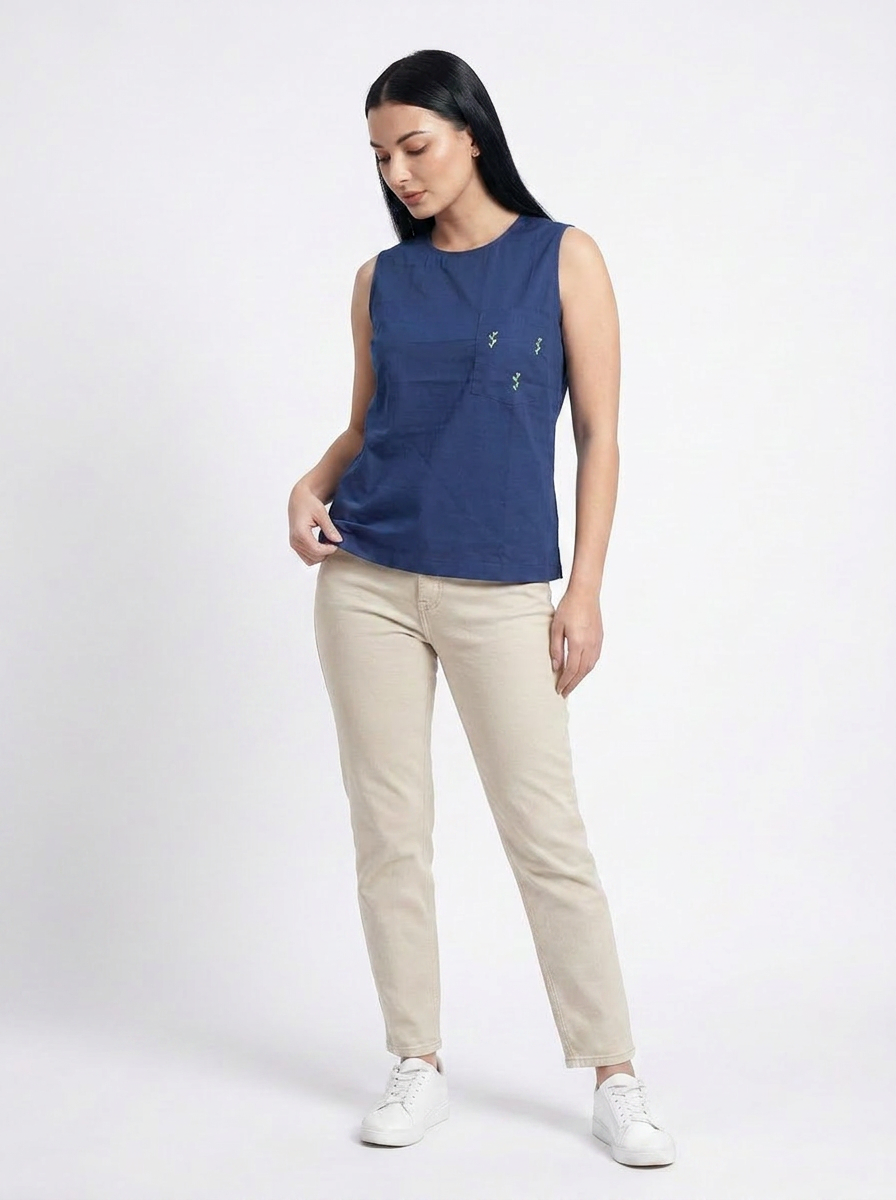 Midnight blue embroidered pocket Sleeveless Cotton Top - The Woven Saga