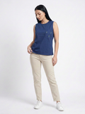 Midnight blue embroidered pocket Sleeveless Cotton Top - The Woven Saga