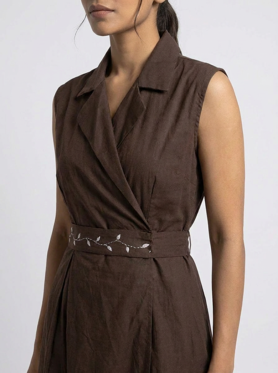Brown Overlap Waist Midi Dress with Belt Detail - The Woven Saga