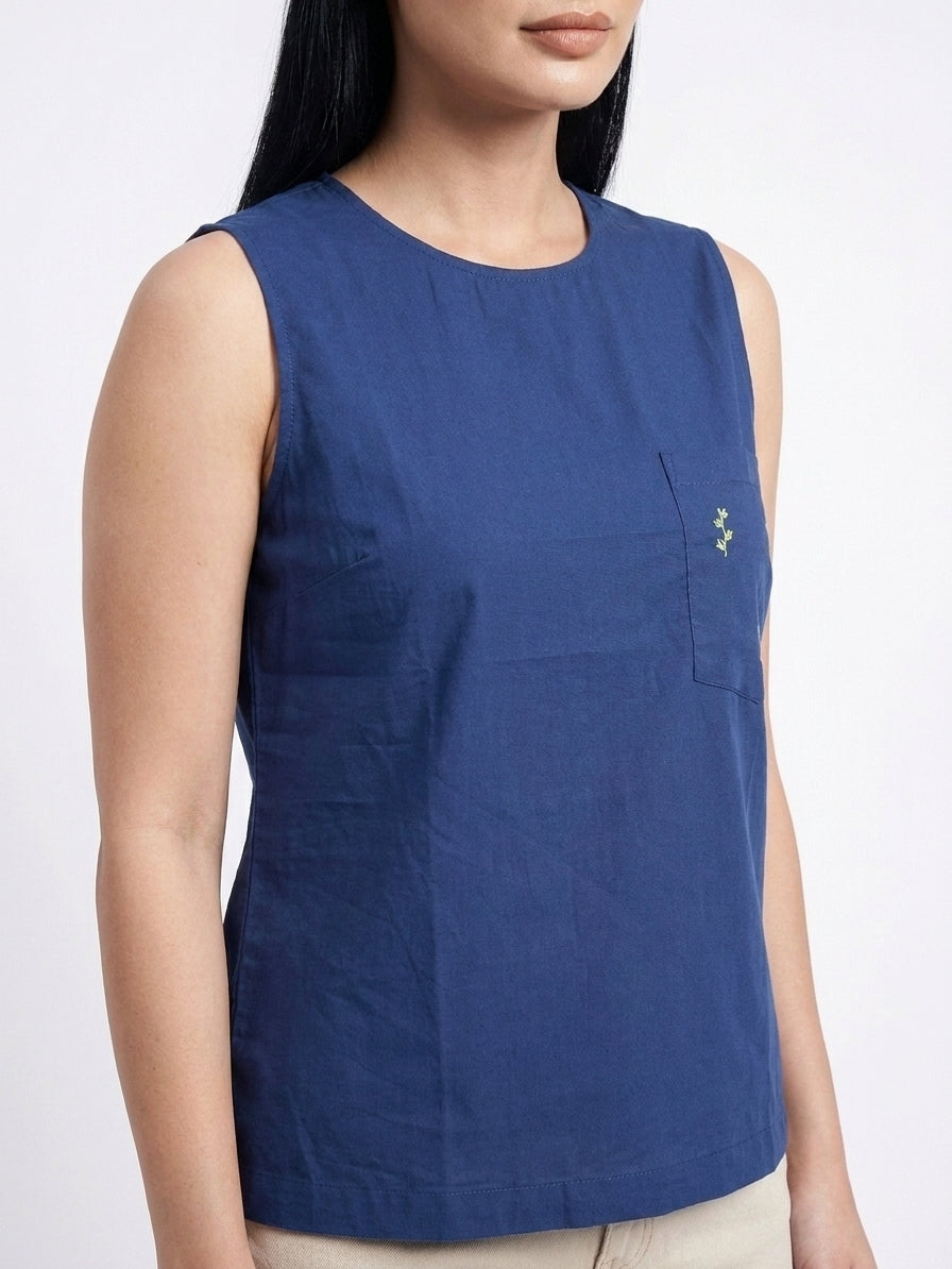 Midnight blue embroidered pocket Sleeveless Cotton Top - The Woven Saga