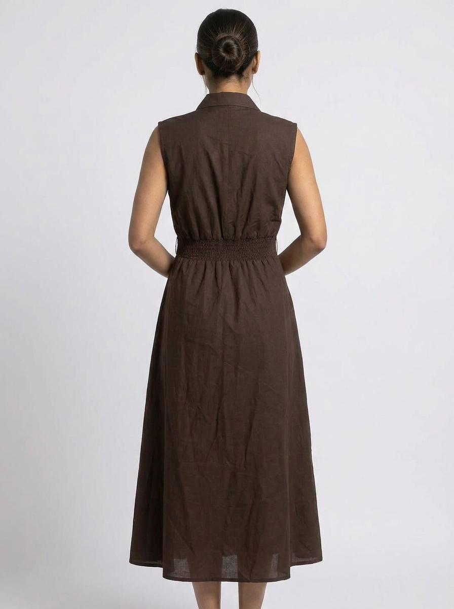 Brown Overlap Waist Midi Dress with Belt Detail - The Woven Saga