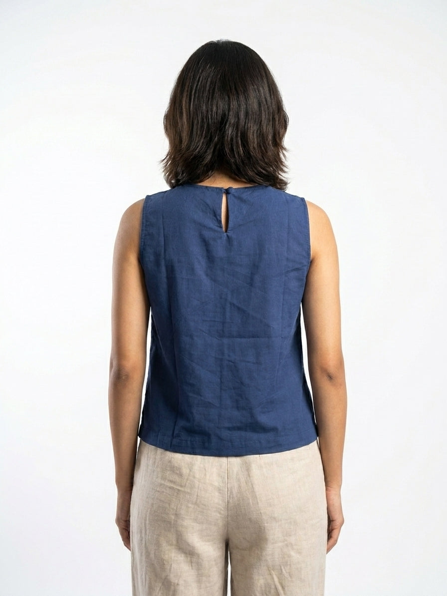 Midnight blue embroidered pocket Sleeveless Cotton Top - The Woven Saga