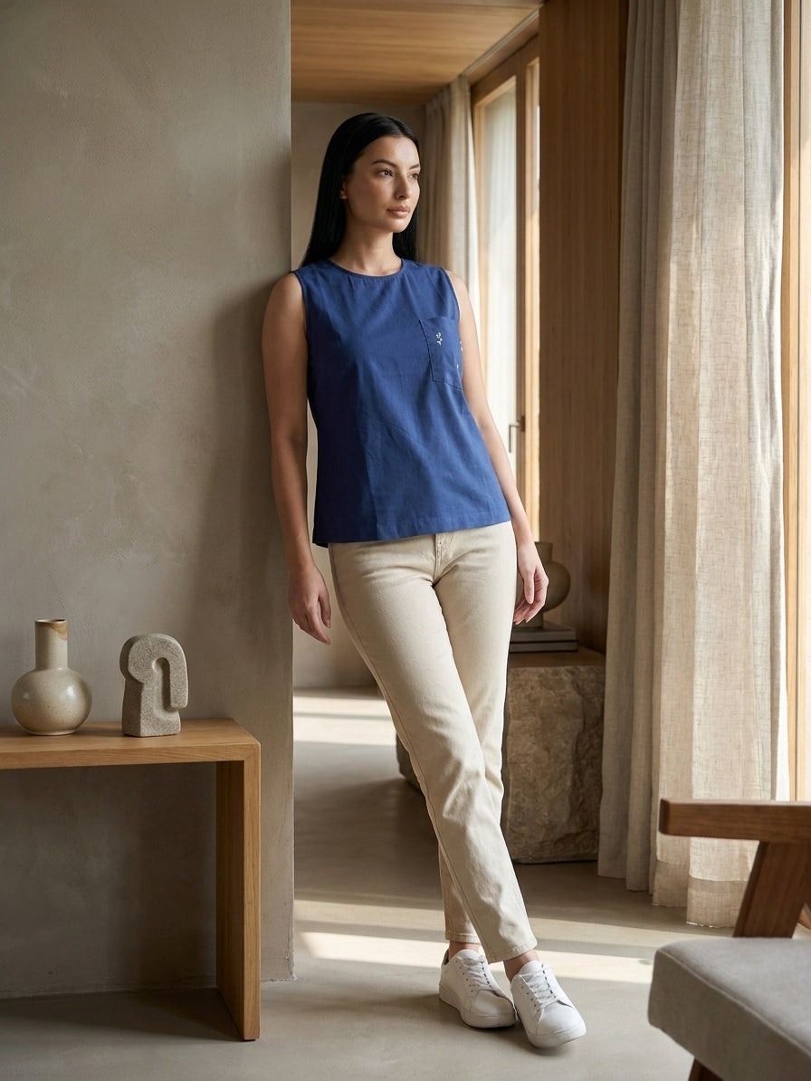 Midnight blue embroidered pocket Sleeveless Cotton Top - The Woven Saga
