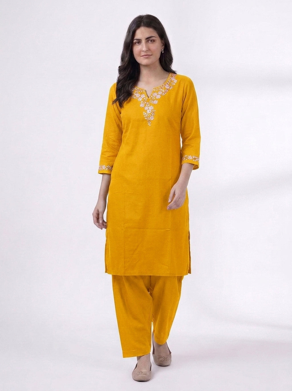 Mustard Floral Embroidered V-Neck Kurta Co-ord Set