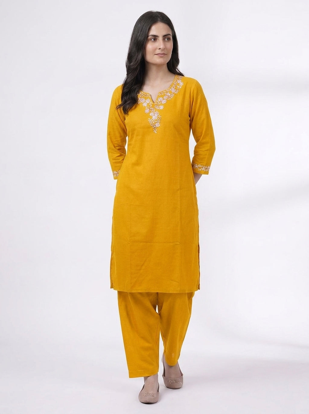 Mustard Floral Embroidered V-Neck Kurta Co-ord Set