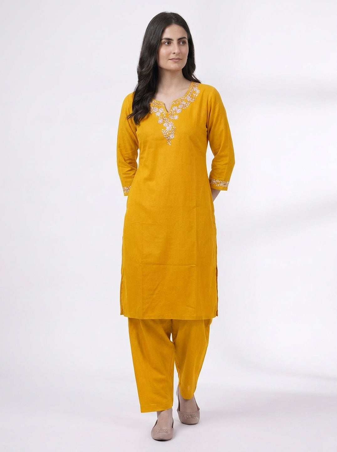 Mustard Floral Embroidered V-Neck Kurta Co-ord Set