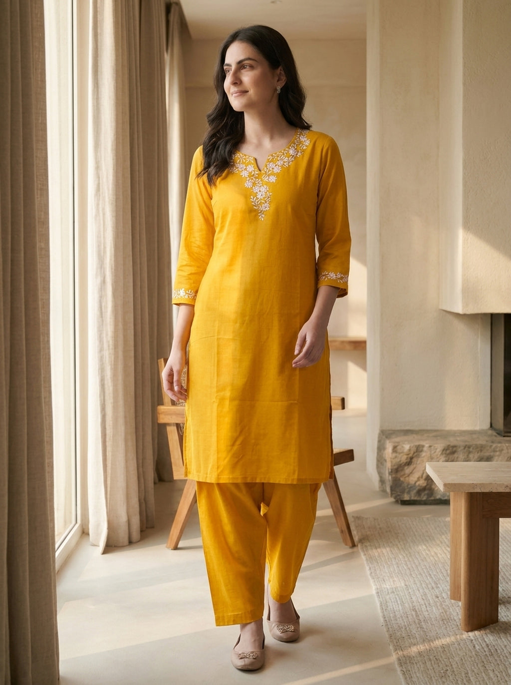 Mustard Floral Embroidered V-Neck Kurta Co-ord Set