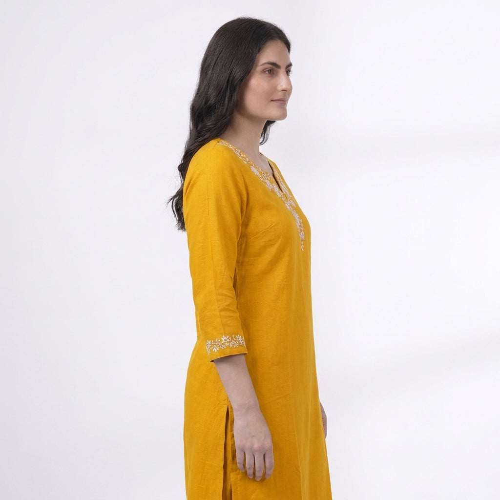 Mustard Floral Embroidered V-Neck Kurta Co-ord Set