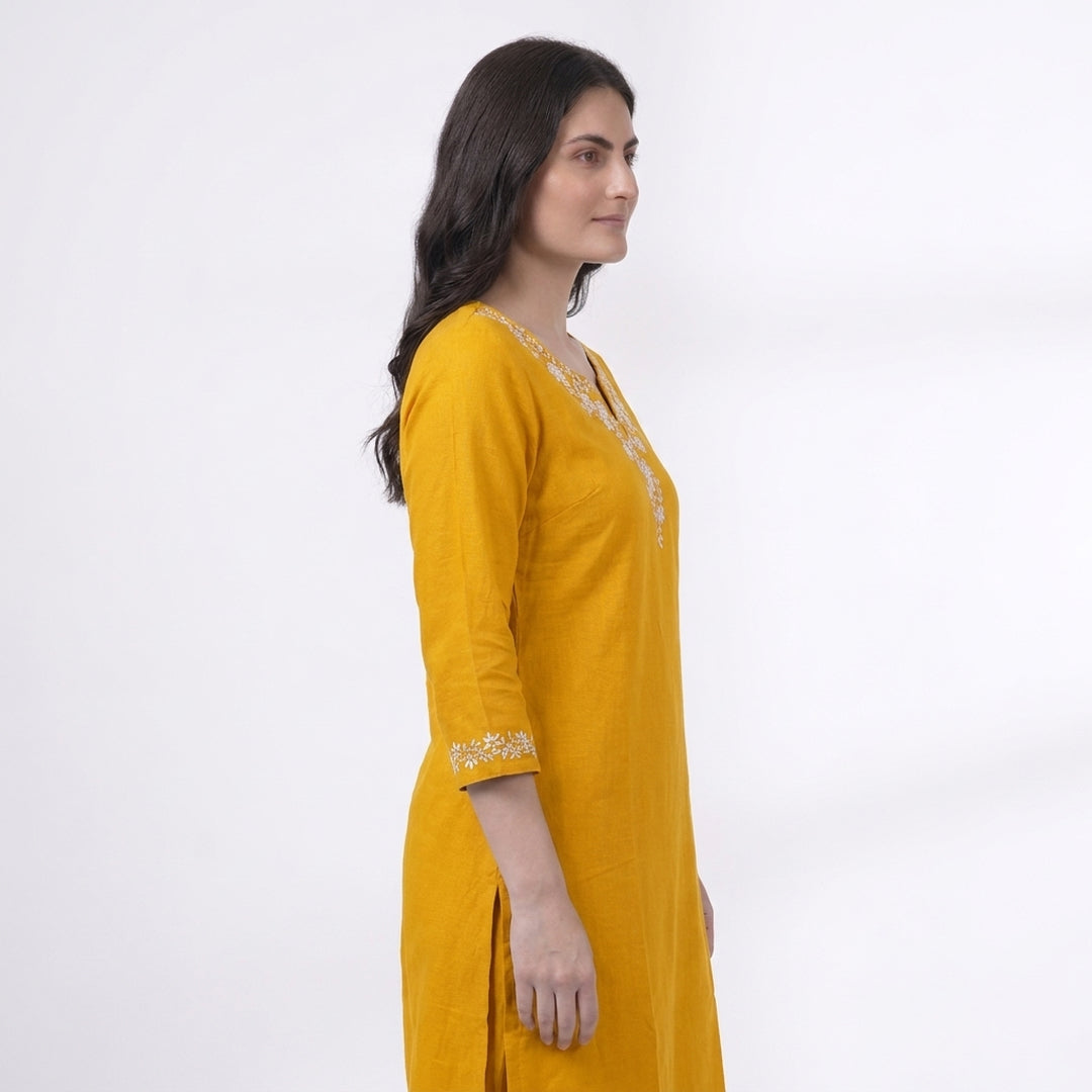 Mustard Floral Embroidered V-Neck Kurta Co-ord Set
