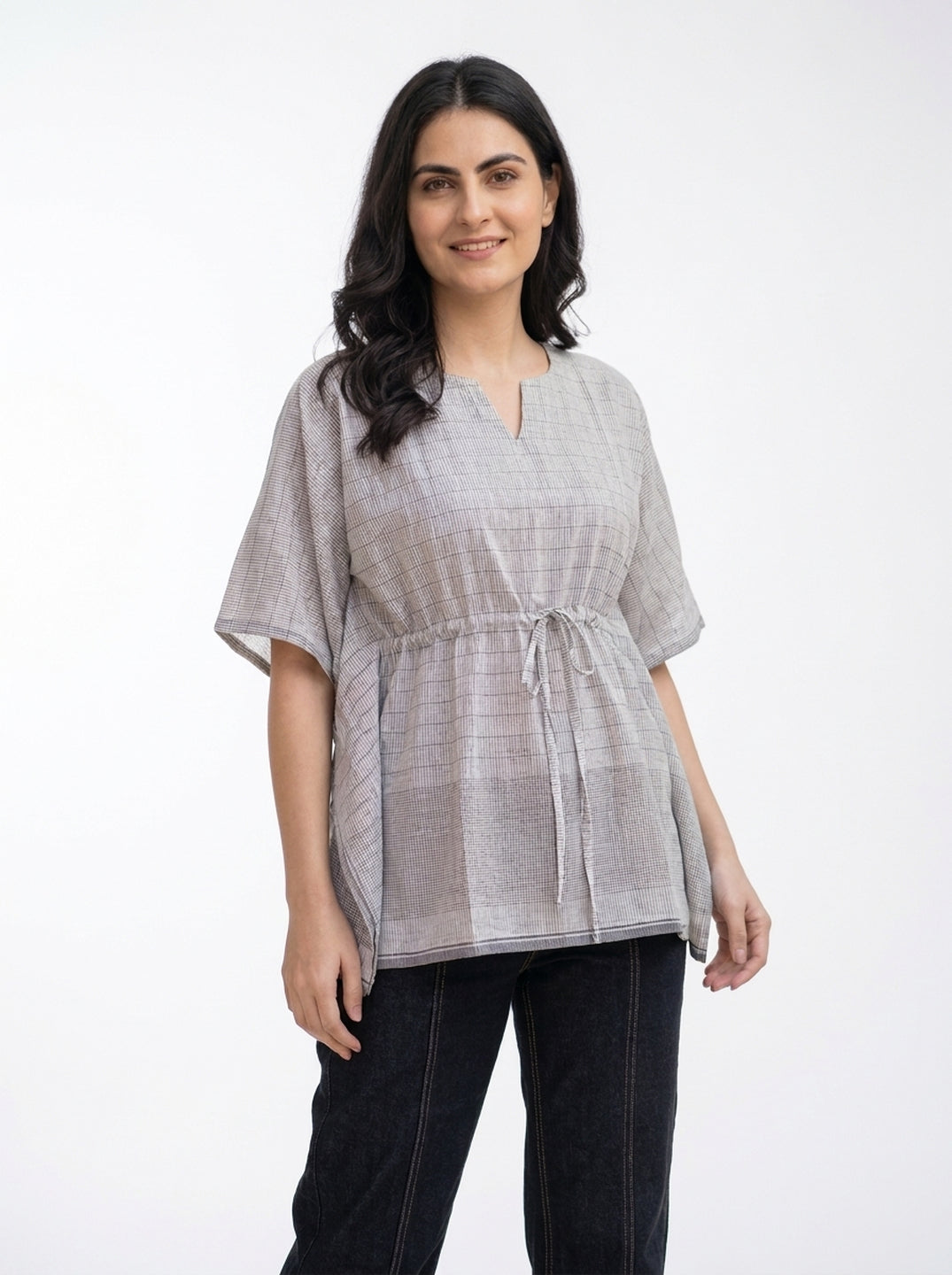 Grey Check Kaftan Drawstring Top