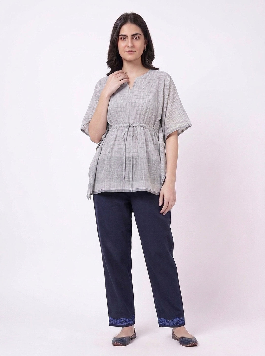 Grey Check Kaftan Drawstring Top