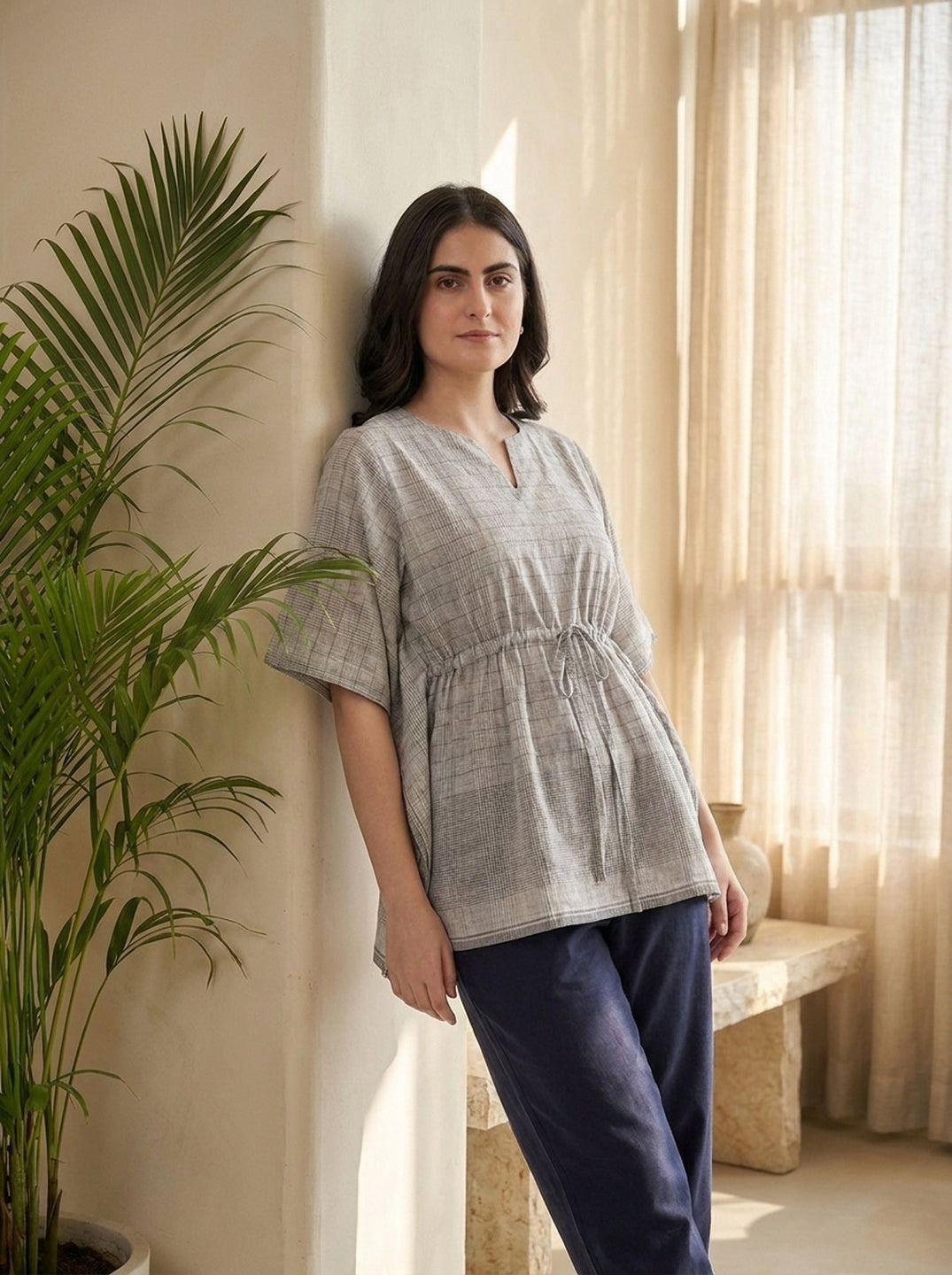Grey Check Kaftan Drawstring Top