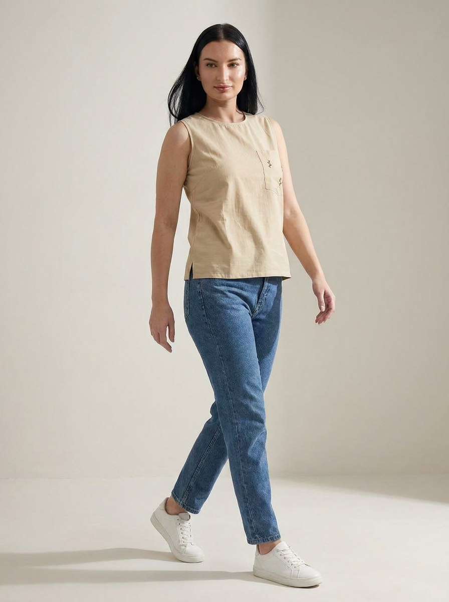 Sandstone Beige embroidered pocket Sleeveless Cotton Top - The Woven Saga