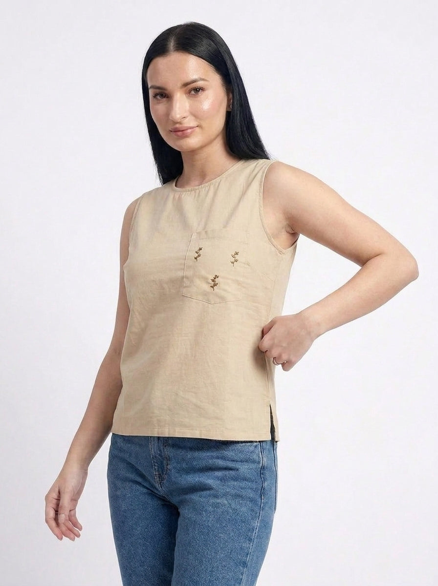 Sandstone Beige embroidered pocket Sleeveless Cotton Top - The Woven Saga