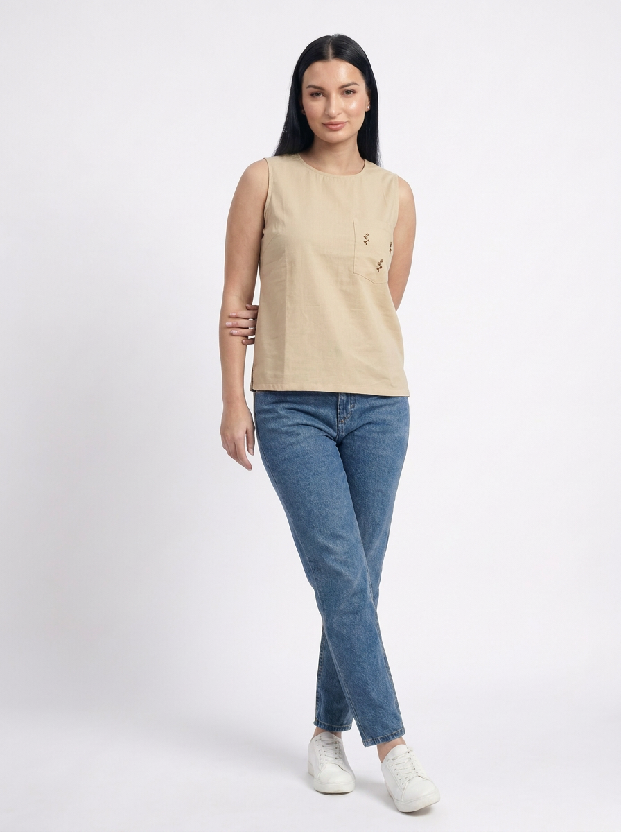 Sandstone Beige embroidered pocket Sleeveless Cotton Top - The Woven Saga