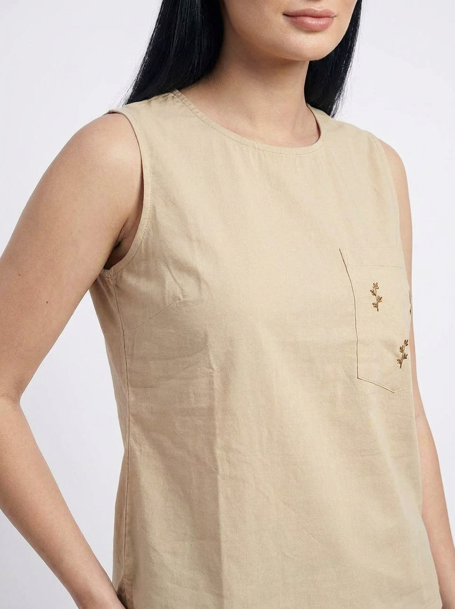 Sandstone Beige embroidered pocket Sleeveless Cotton Top - The Woven Saga