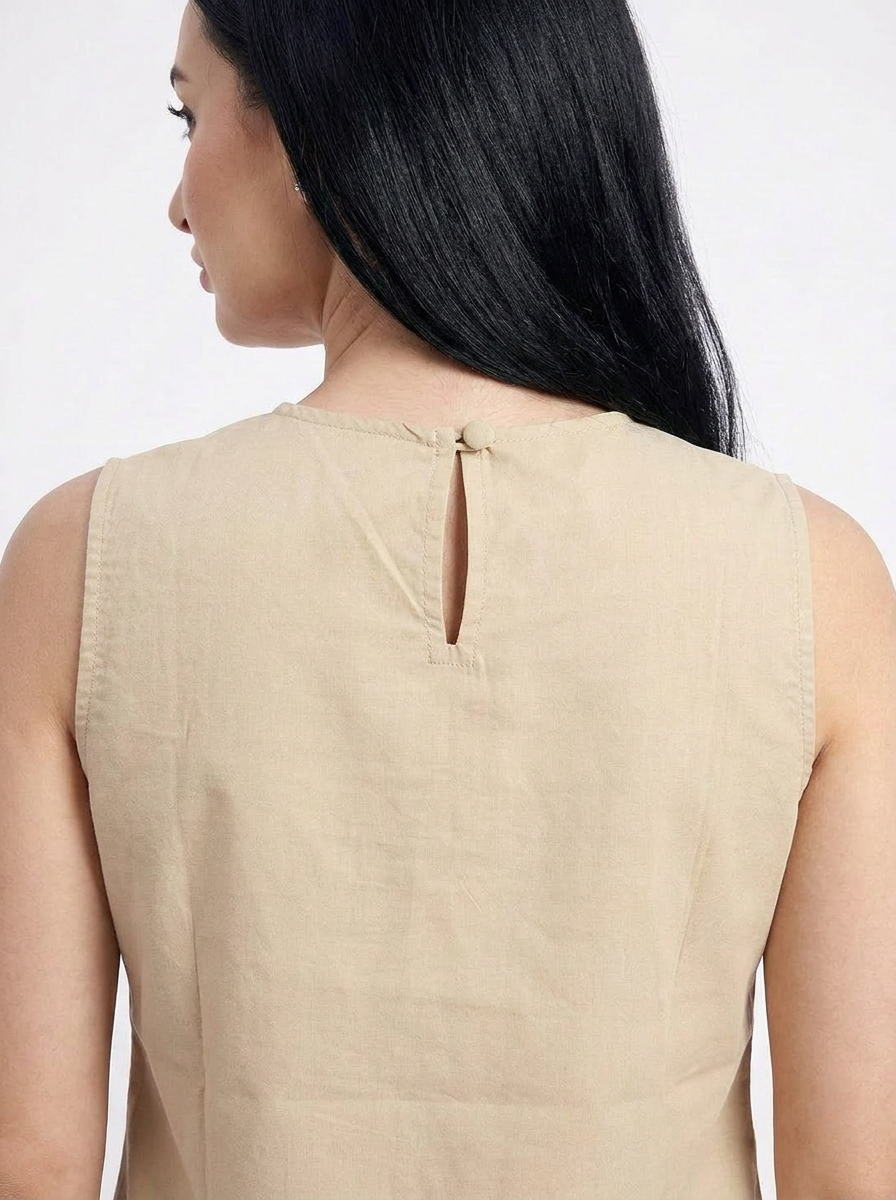 Sandstone Beige embroidered pocket Sleeveless Cotton Top - The Woven Saga