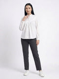 White Gathered Yoke Mandarin Collar Shirt