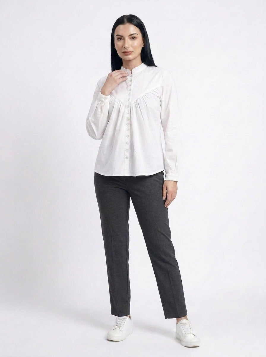 White Gathered Yoke Mandarin Collar Shirt- The Woven Saga