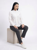 White Gathered Yoke Mandarin Collar Shirt