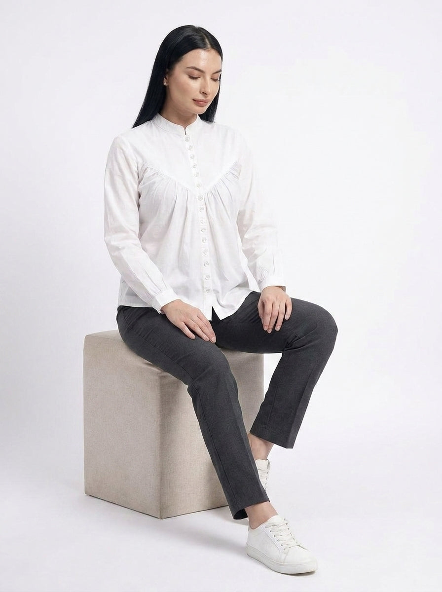 White Gathered Yoke Mandarin Collar Shirt- The Woven Saga